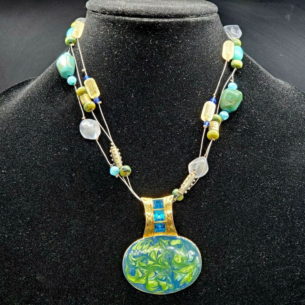 Beautiful Gold Tone Blue Green Swirl Enamel Pendant Multi Strand Beaded Wire